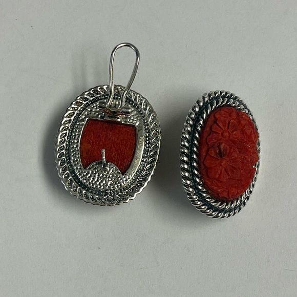 AKR Sterling Silver Carved Red Coral Earrings - Picture 7 of 8